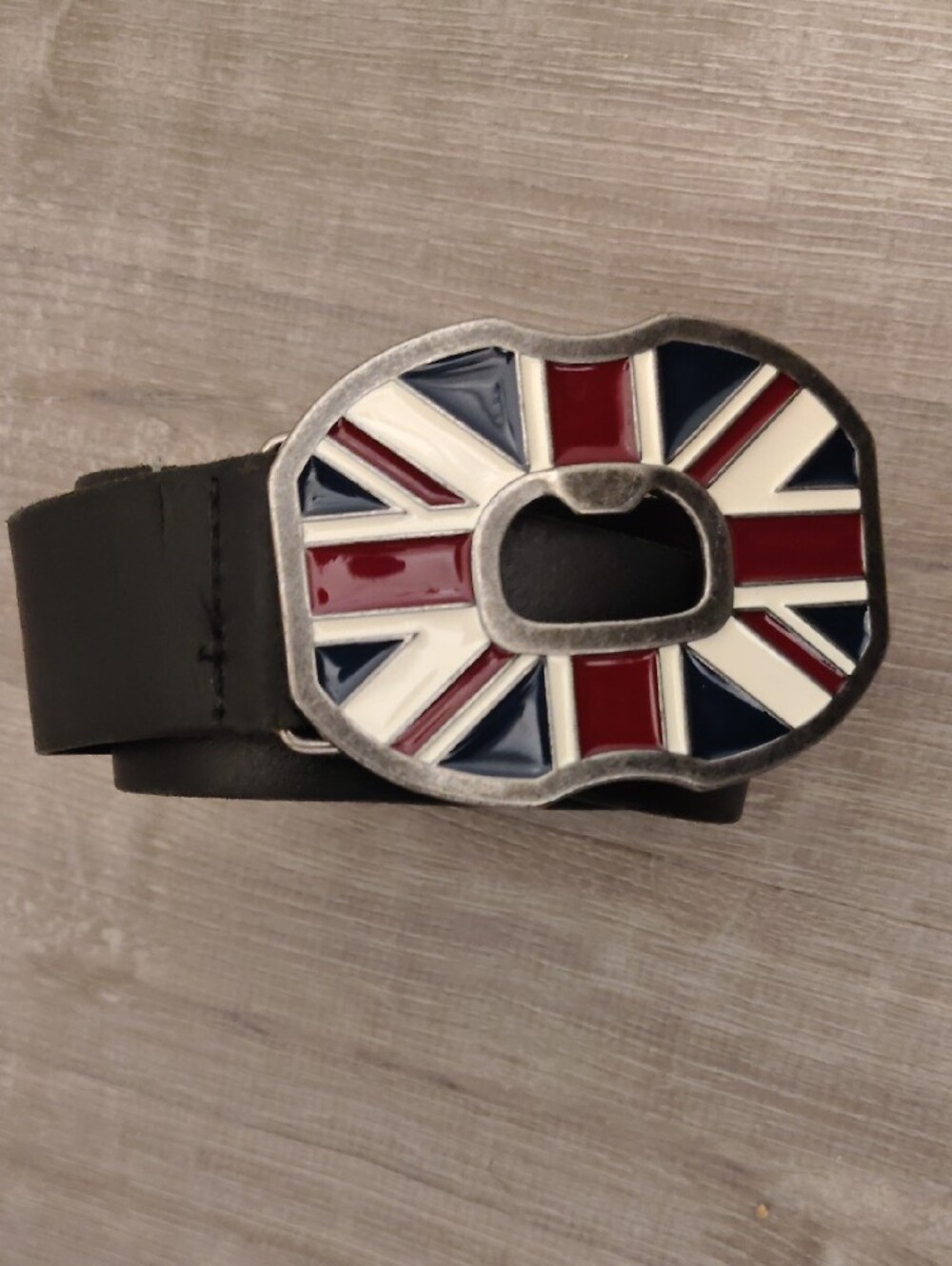 Vintage black River Island Leather  Belt with Union Jack Bottle Opener Buckle